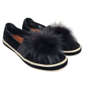 Sondra Roberts Romy Slip on Shoes Black Suede Furry Pom Pom Flats Sneakers Sz 9